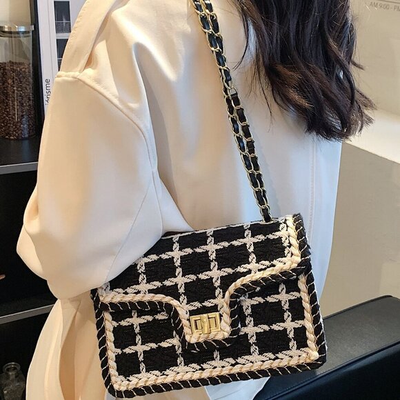 Handbags - Black And White Elegant Women's Plaid Shoulder Crossbody Square Bag